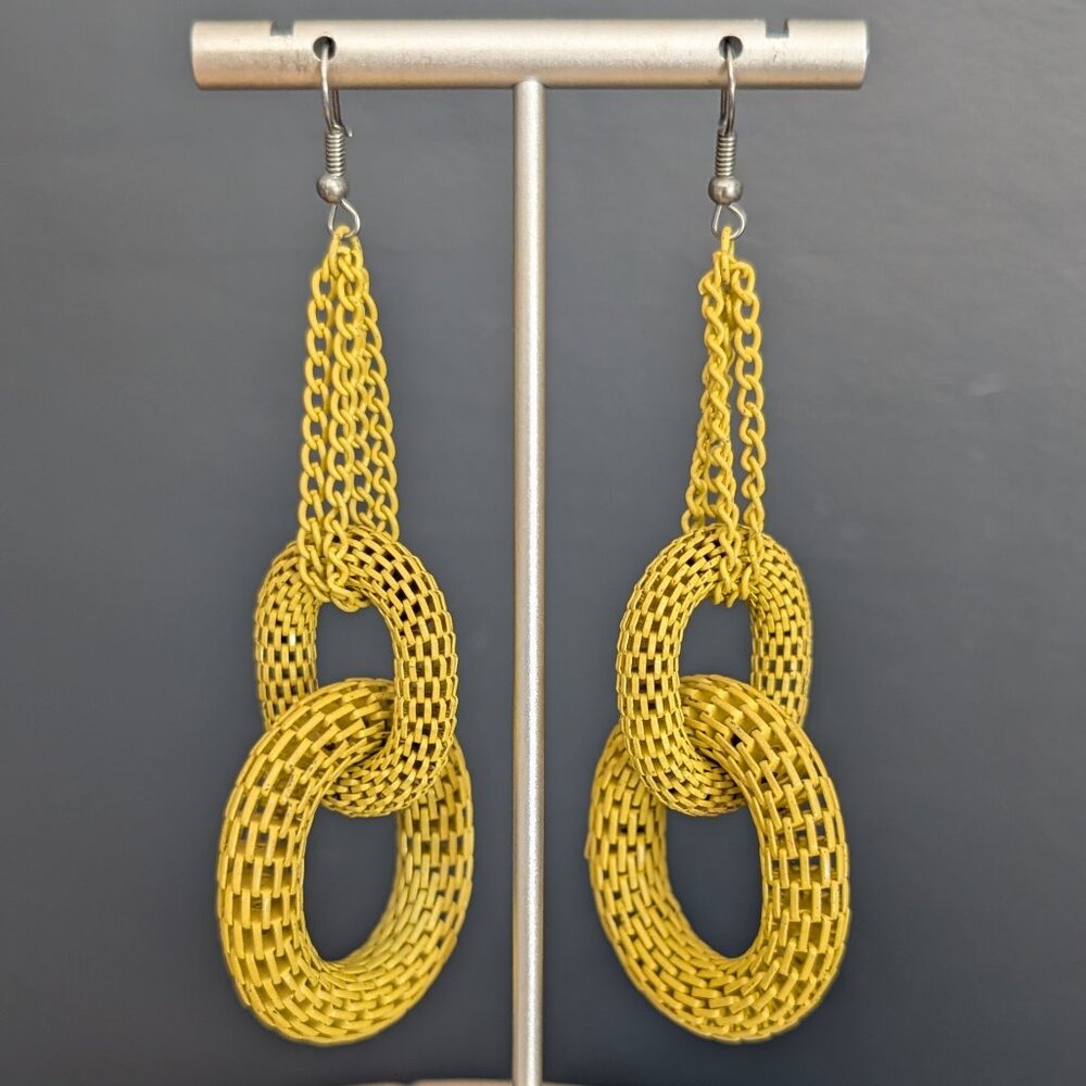 Yellow mesh metal double circle drop earrings